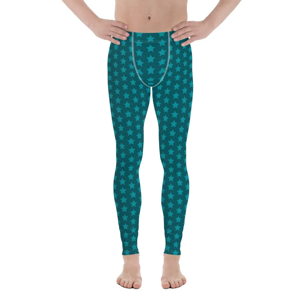 Blue Stars Men's Leggings, Stars Pattern Running Compression Tights For Men - Made in USA/EU/MX