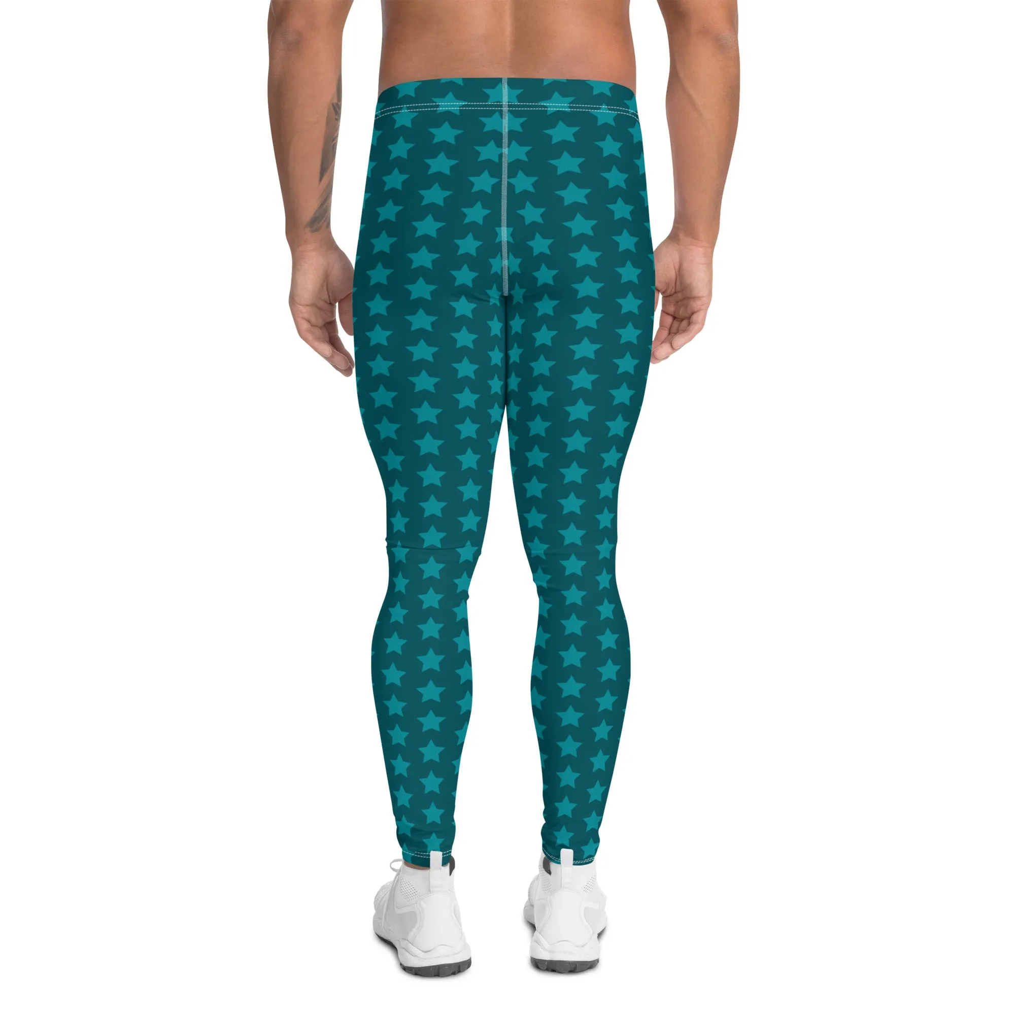 Blue Stars Men's Leggings, Stars Pattern Running Compression Tights For Men - Made in USA/EU/MX