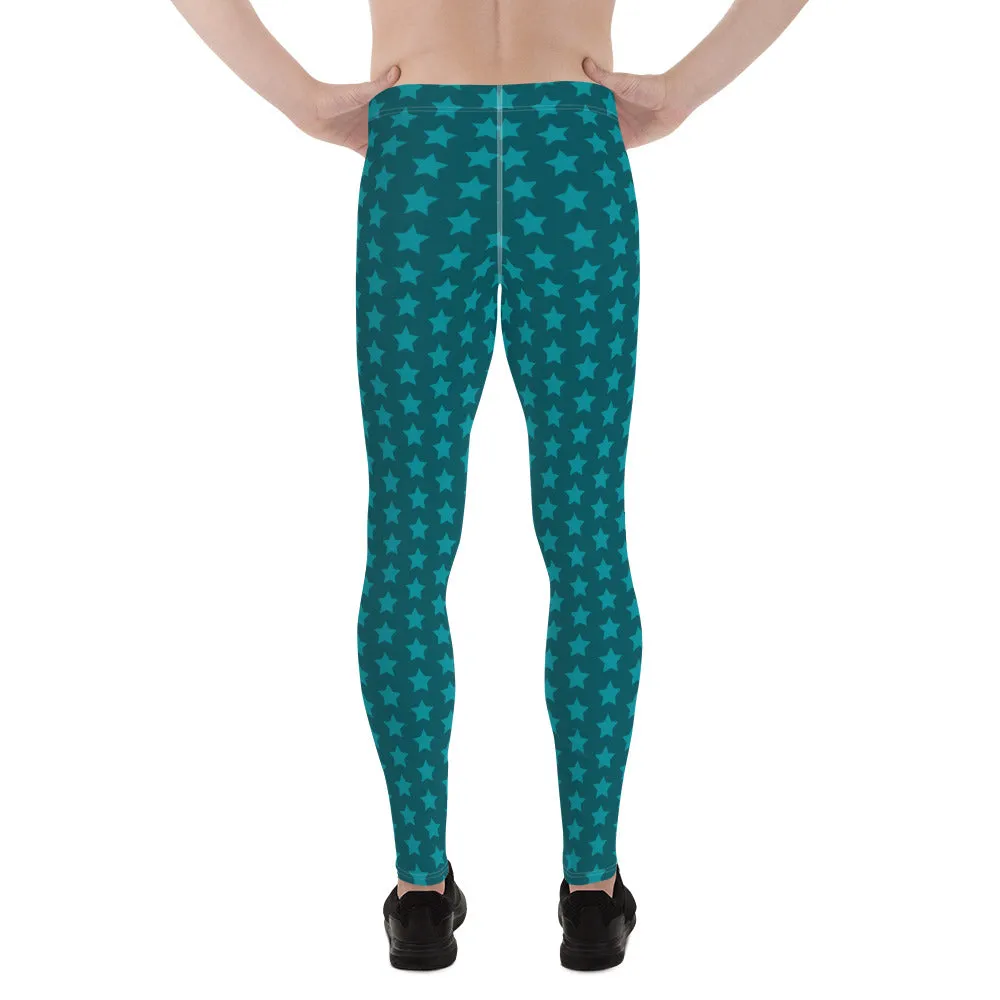 Blue Stars Men's Leggings, Stars Pattern Running Compression Tights For Men - Made in USA/EU/MX