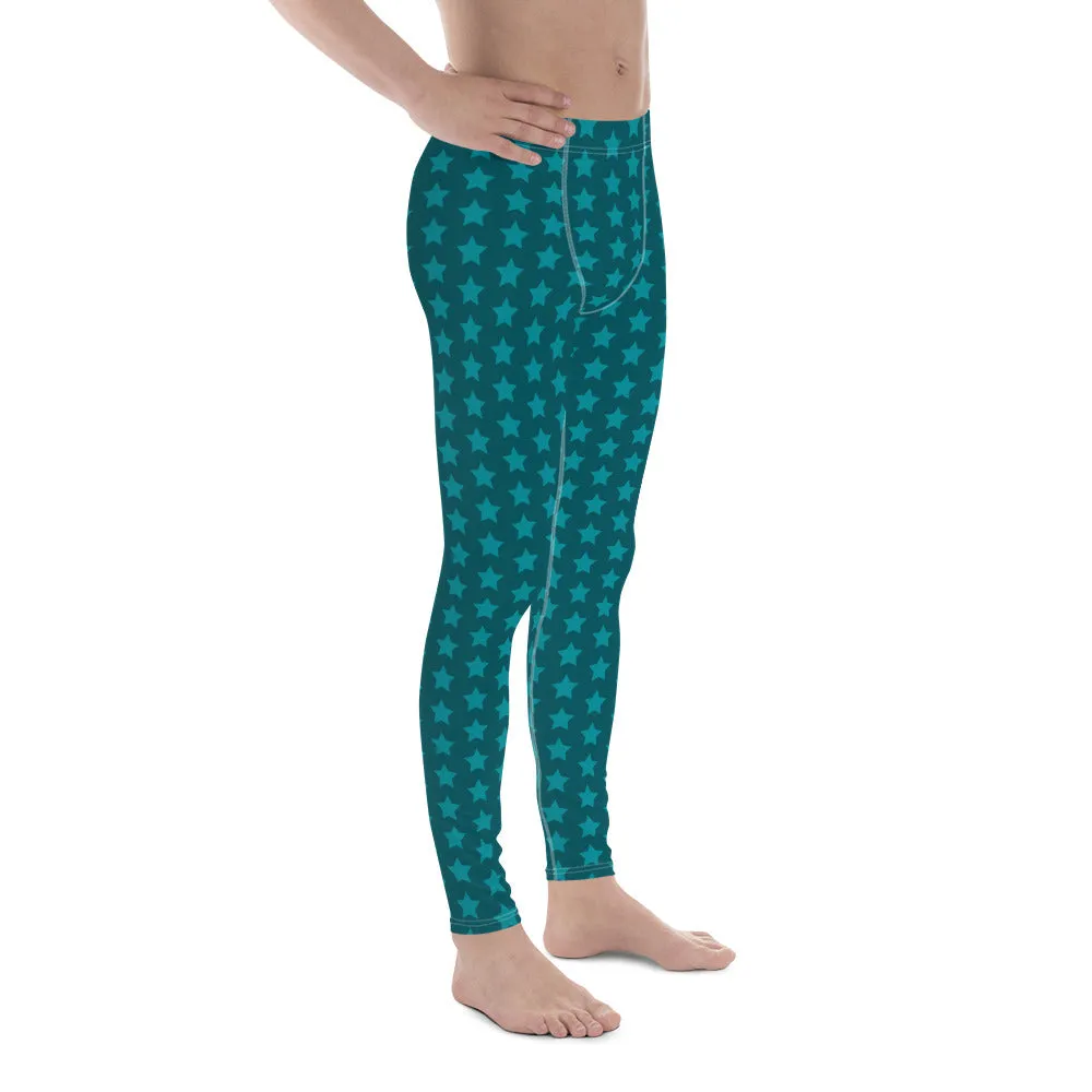 Blue Stars Men's Leggings, Stars Pattern Running Compression Tights For Men - Made in USA/EU/MX