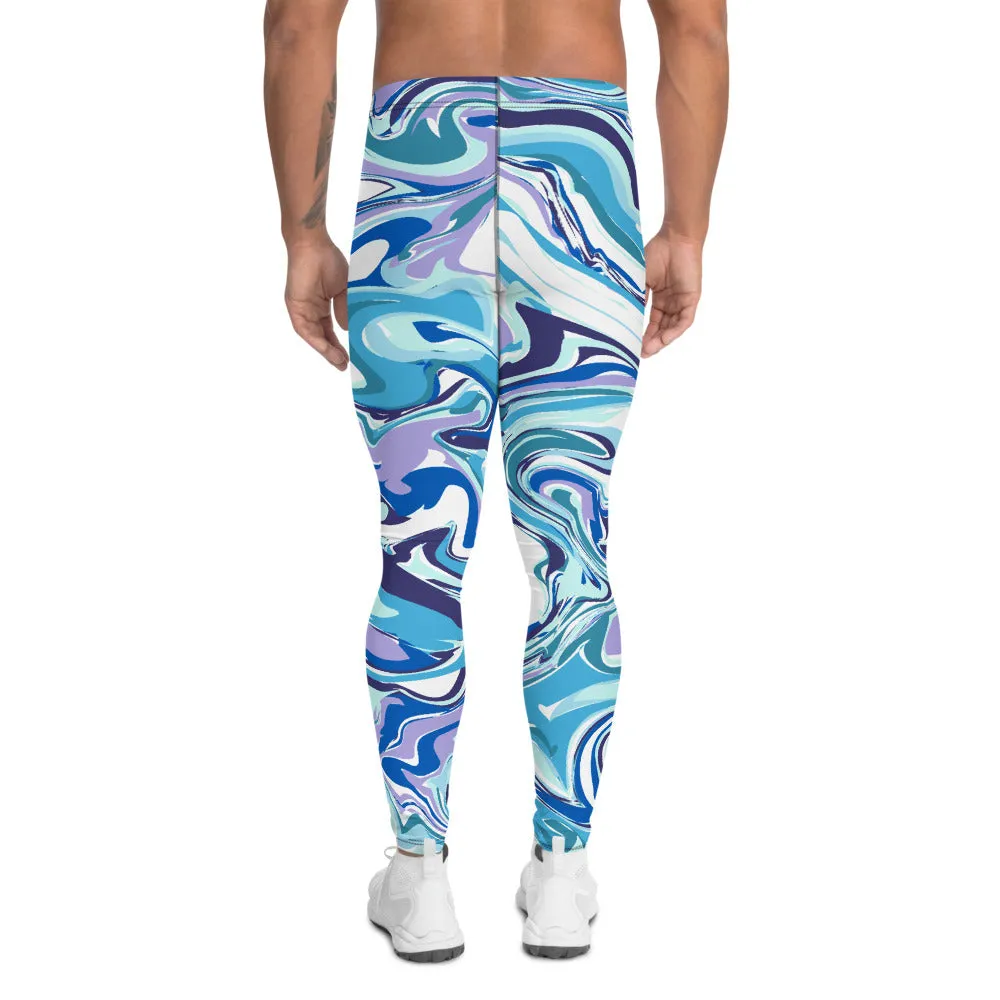 Blue Swirl Men's Leggings, Abstract Meggings Run Compression Tights-Made in USA/EU