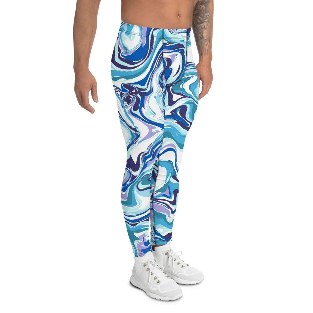 Blue Swirl Men's Leggings, Abstract Meggings Run Compression Tights-Made in USA/EU