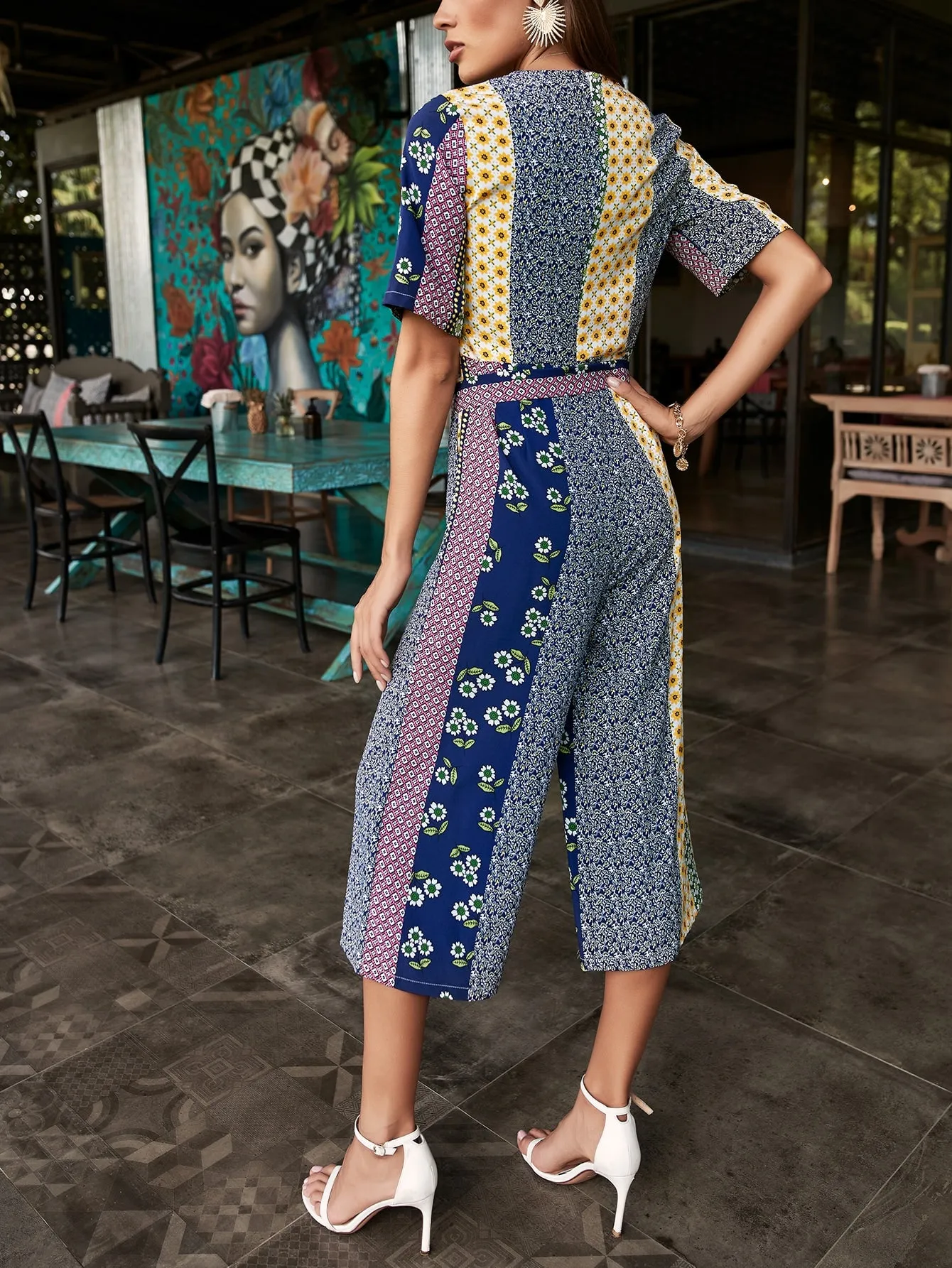 Boho All Over Print Belted Half Sleeve Round Neck Natural Women Jumpsuit