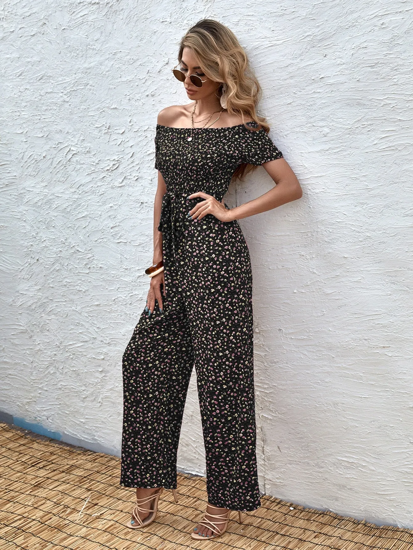 Boho Ditsy Floral Shirred Short Sleeve Off The Shoulder High Waist Long Women Jumpsuits