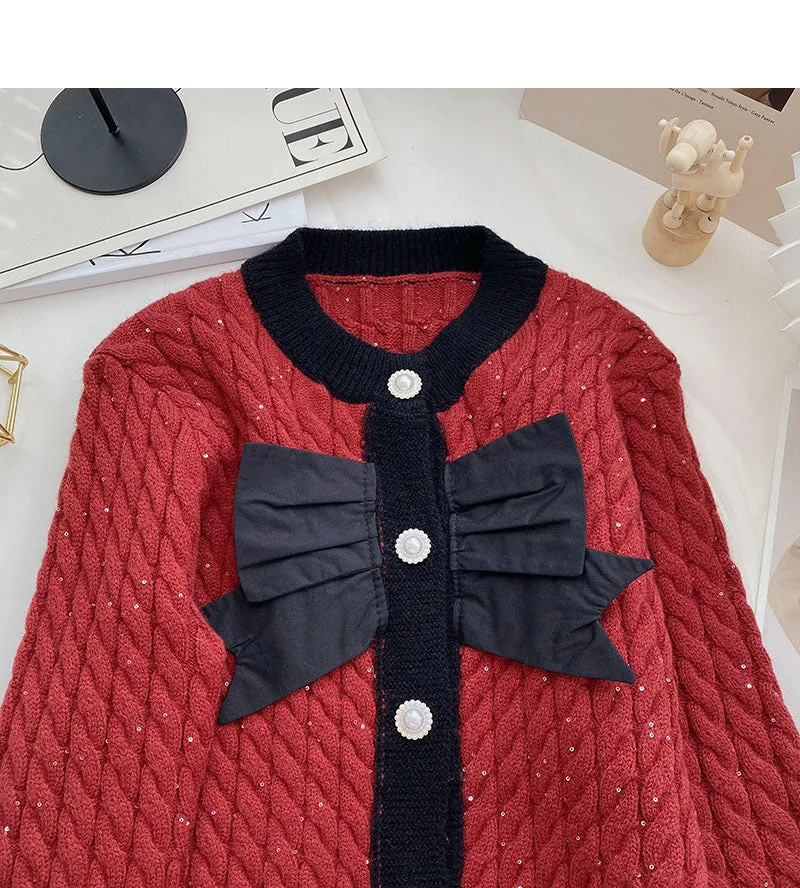 Bow knot small fragrance round neck color matching twist sweater  6064