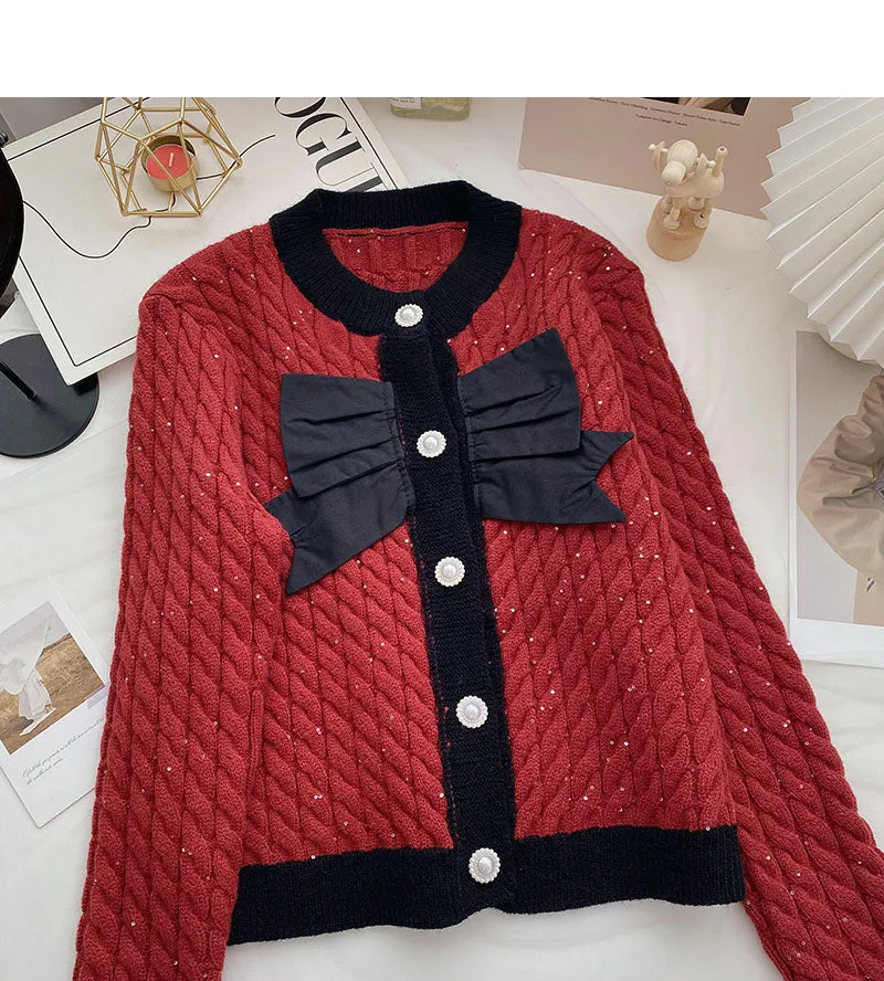 Bow knot small fragrance round neck color matching twist sweater  6064