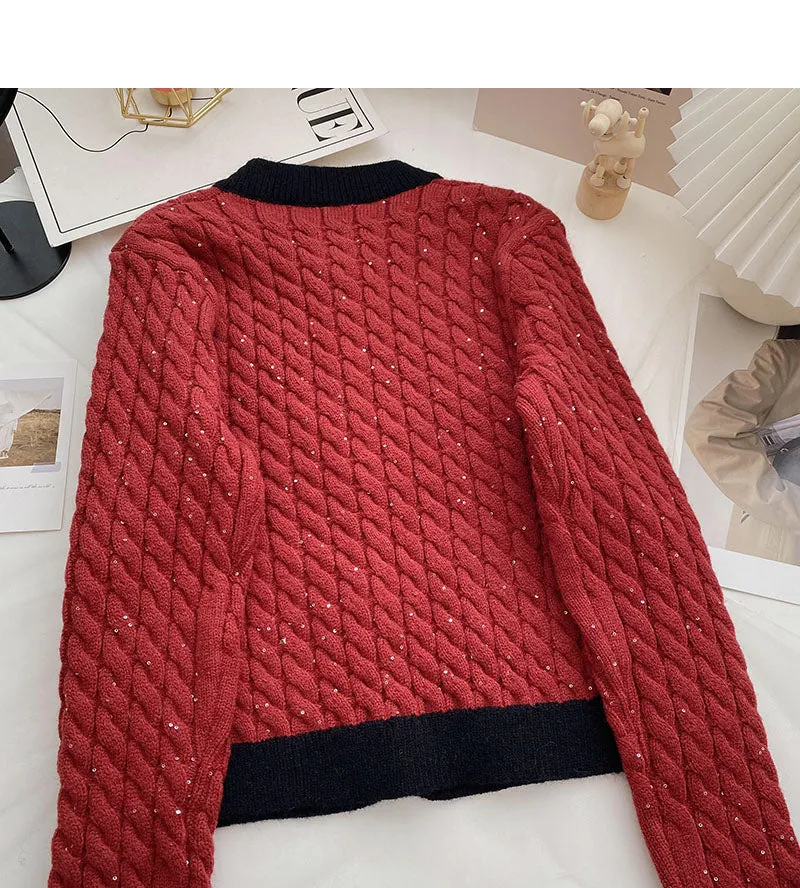 Bow knot small fragrance round neck color matching twist sweater  6064