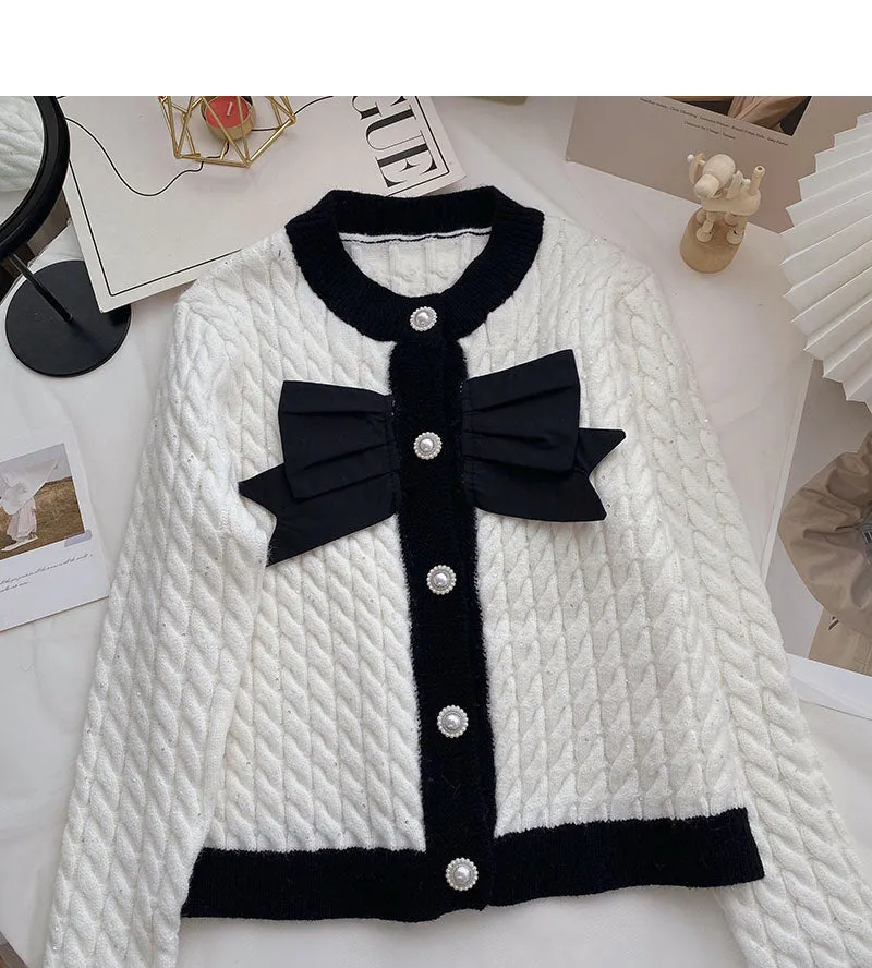 Bow knot small fragrance round neck color matching twist sweater  6064