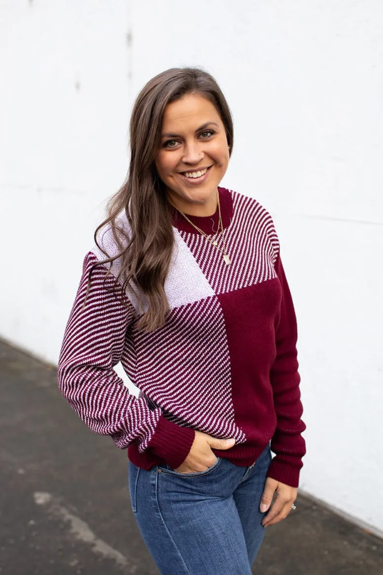 Burgundy Blocked Pullover Sweater (SM-XL)