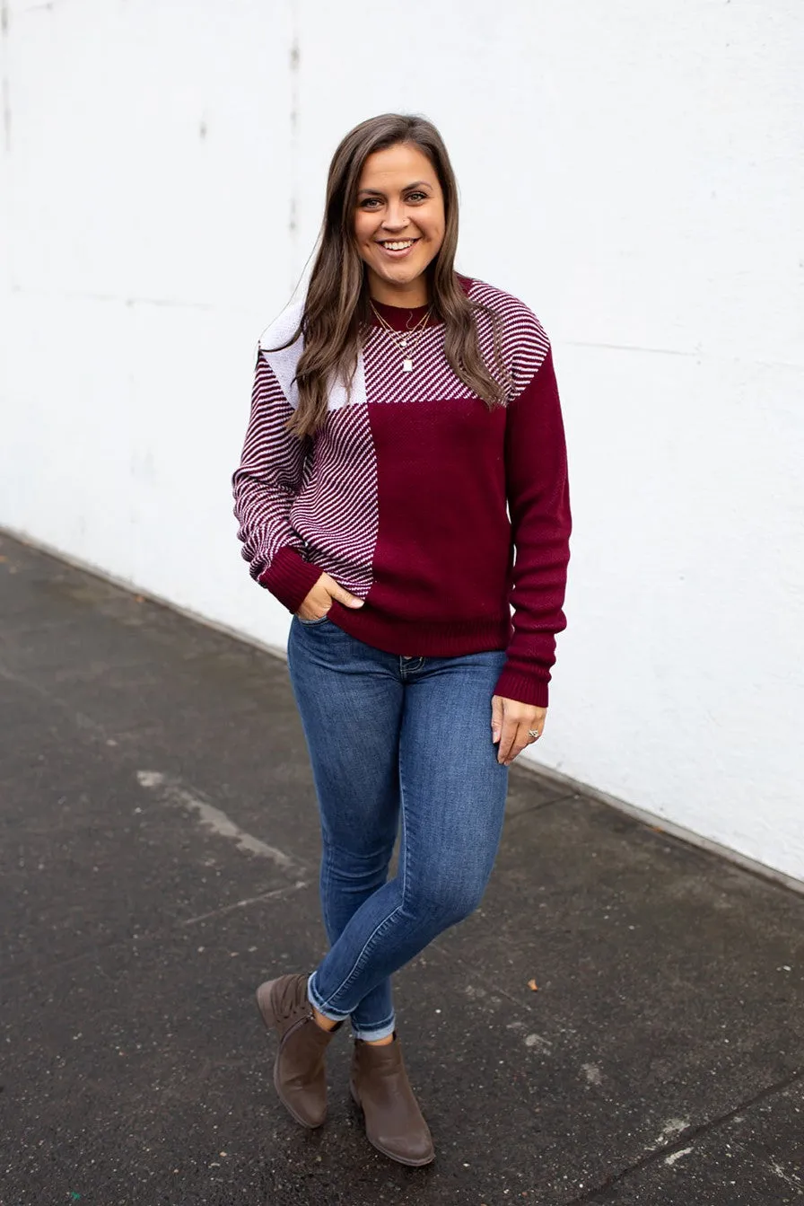 Burgundy Blocked Pullover Sweater (SM-XL)