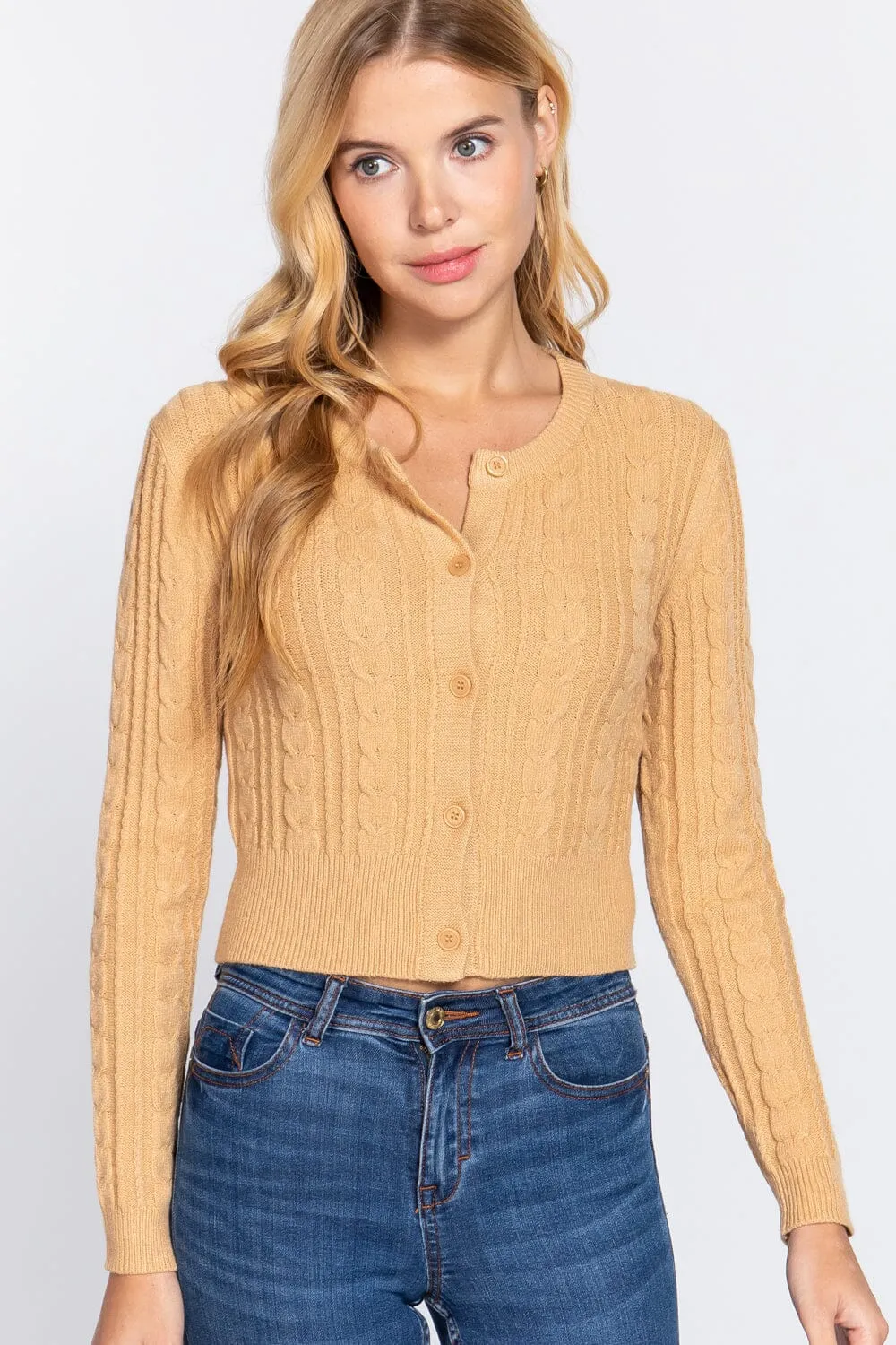 Butter Yellow Long Sleeve Cropped Cardigan Crew Neck Solid Button Down Knit Bolero Shrugs_