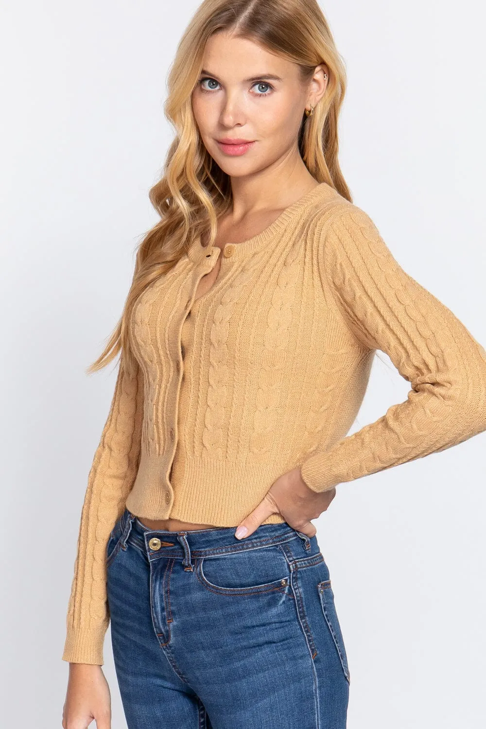 Butter Yellow Long Sleeve Cropped Cardigan Crew Neck Solid Button Down Knit Bolero Shrugs_