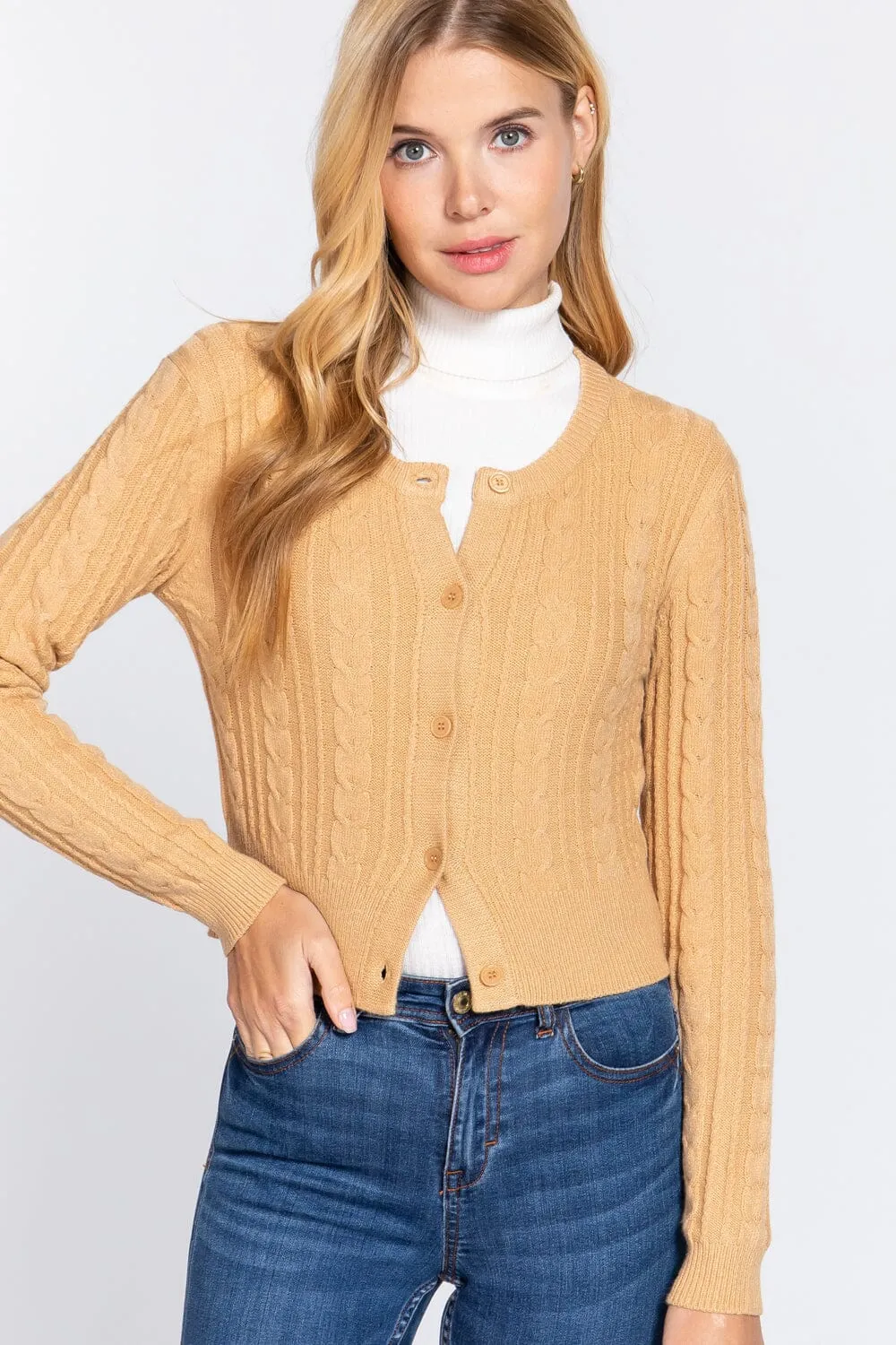 Butter Yellow Long Sleeve Cropped Cardigan Crew Neck Solid Button Down Knit Bolero Shrugs_