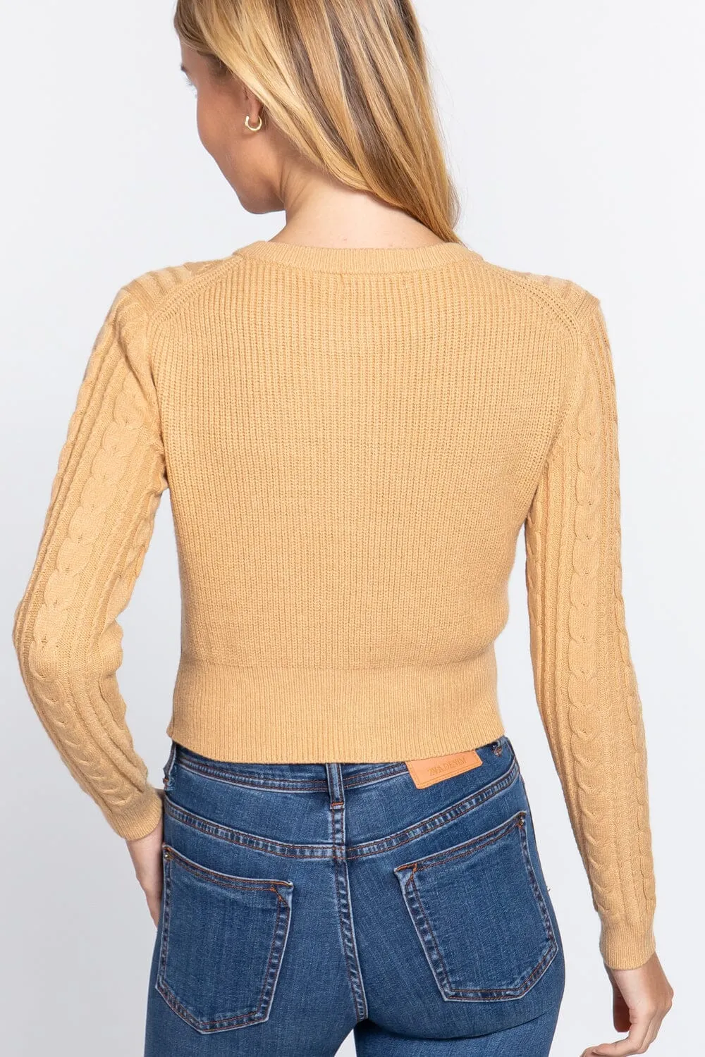 Butter Yellow Long Sleeve Cropped Cardigan Crew Neck Solid Button Down Knit Bolero Shrugs_