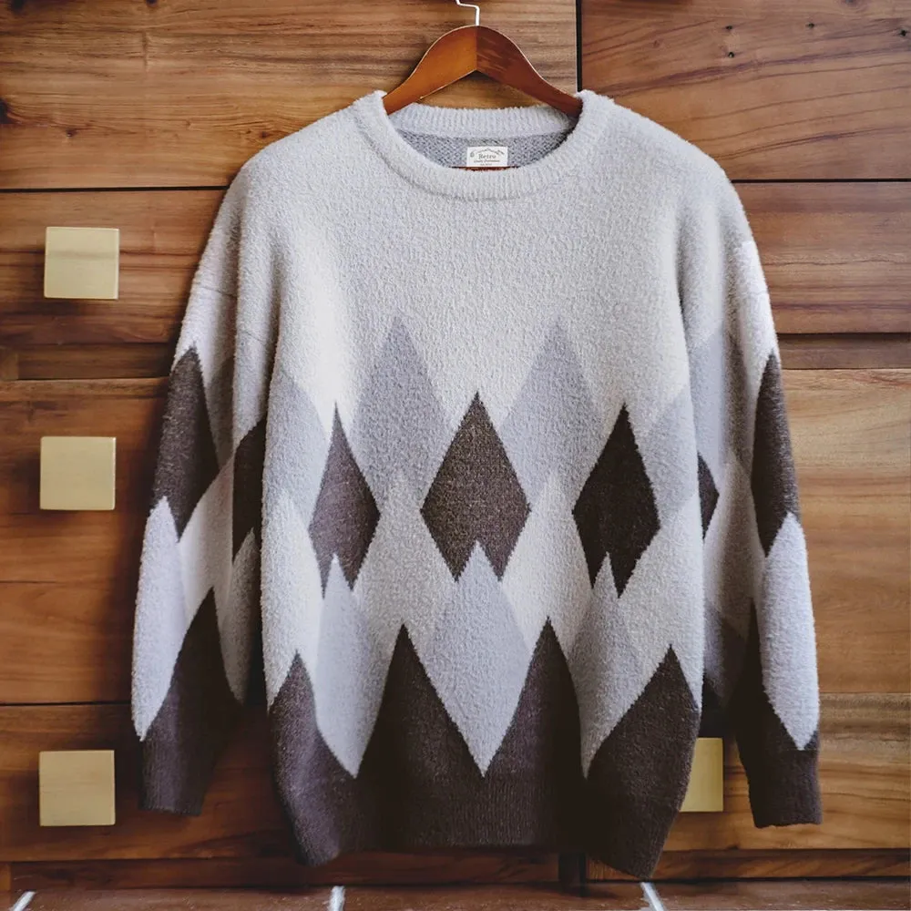 Casual Diamond Jacquard Sweater with Snow Mountain Pattern and Round Neck