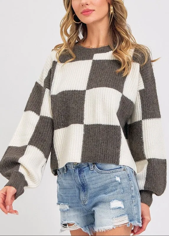 Checker Print Crew Neck Sweater