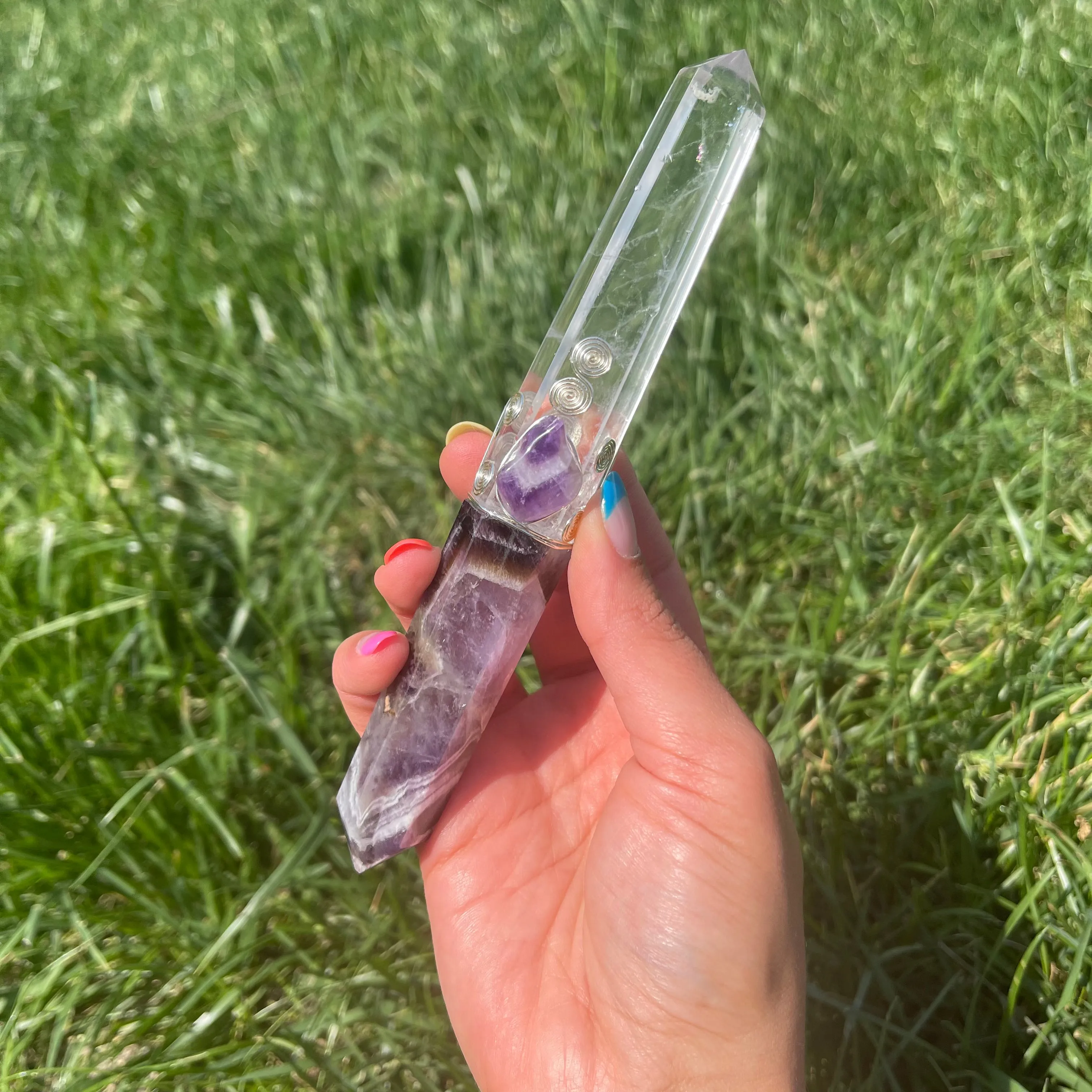 Chevron Amethyst & Clear Quartz Crystal Wand