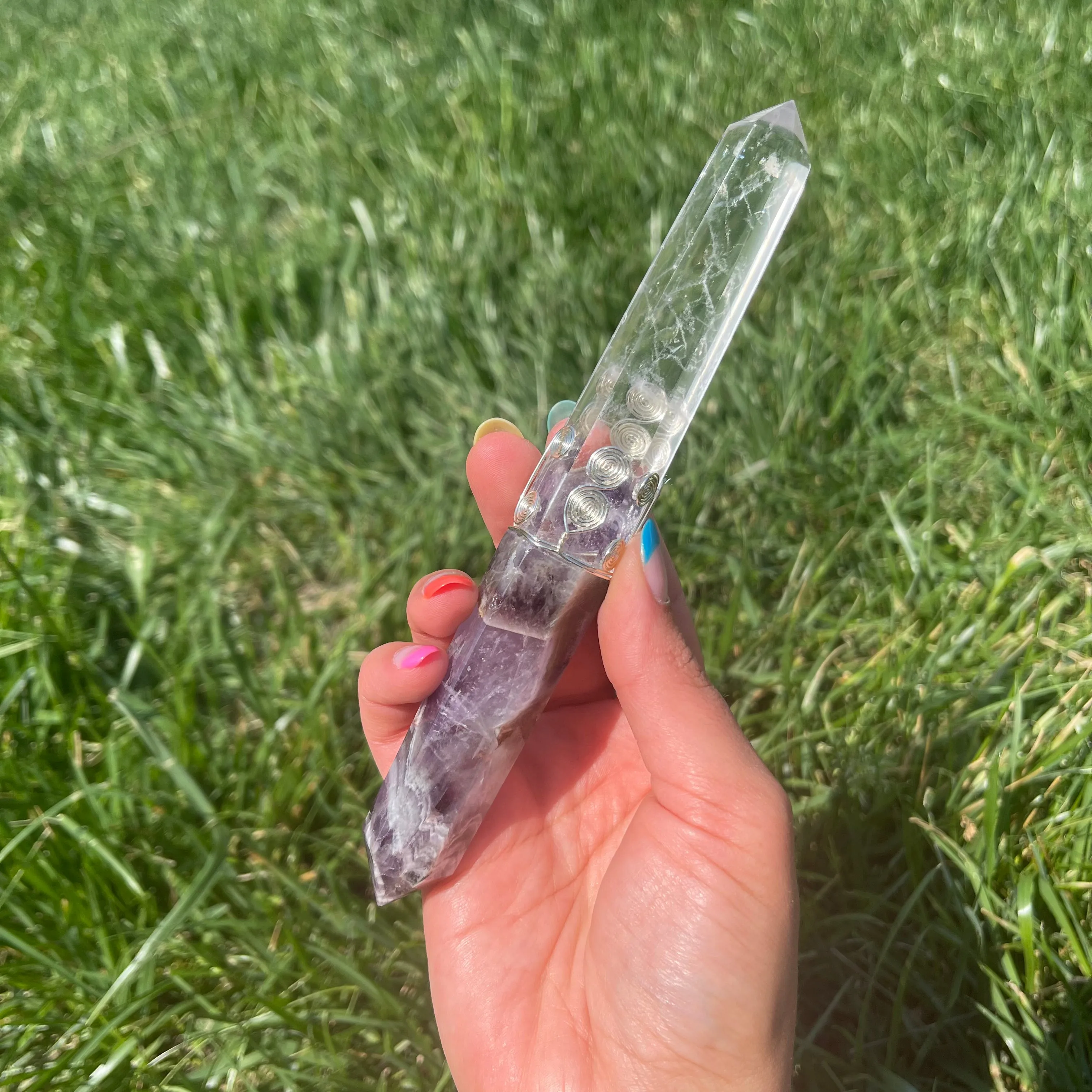 Chevron Amethyst & Clear Quartz Crystal Wand