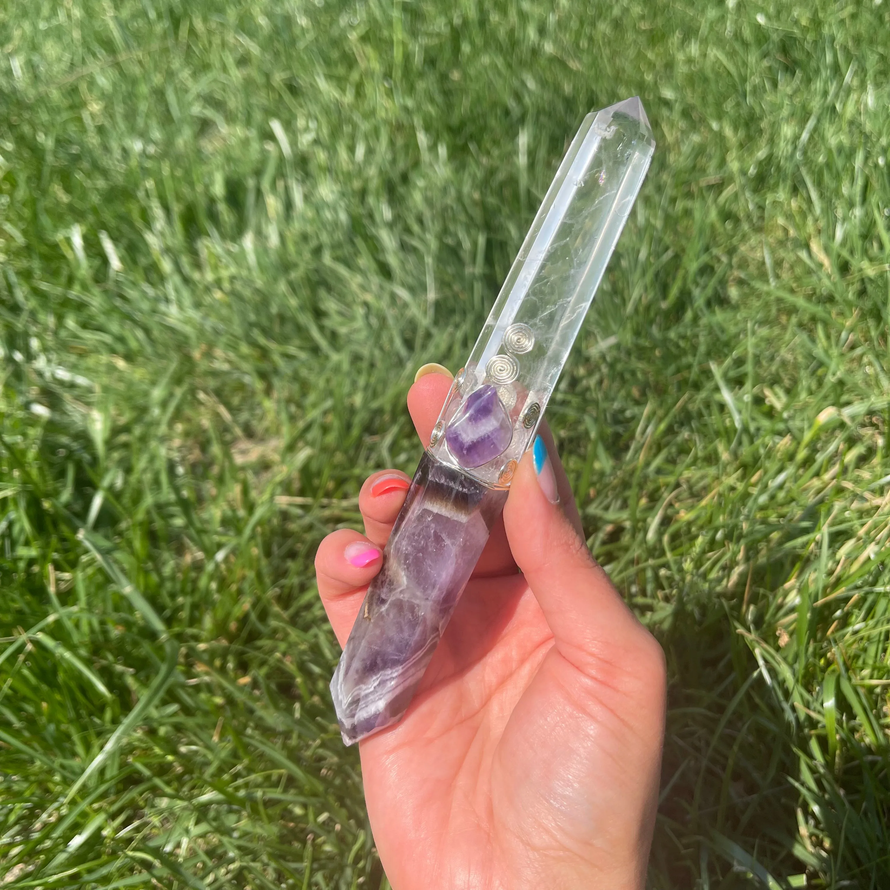 Chevron Amethyst & Clear Quartz Crystal Wand