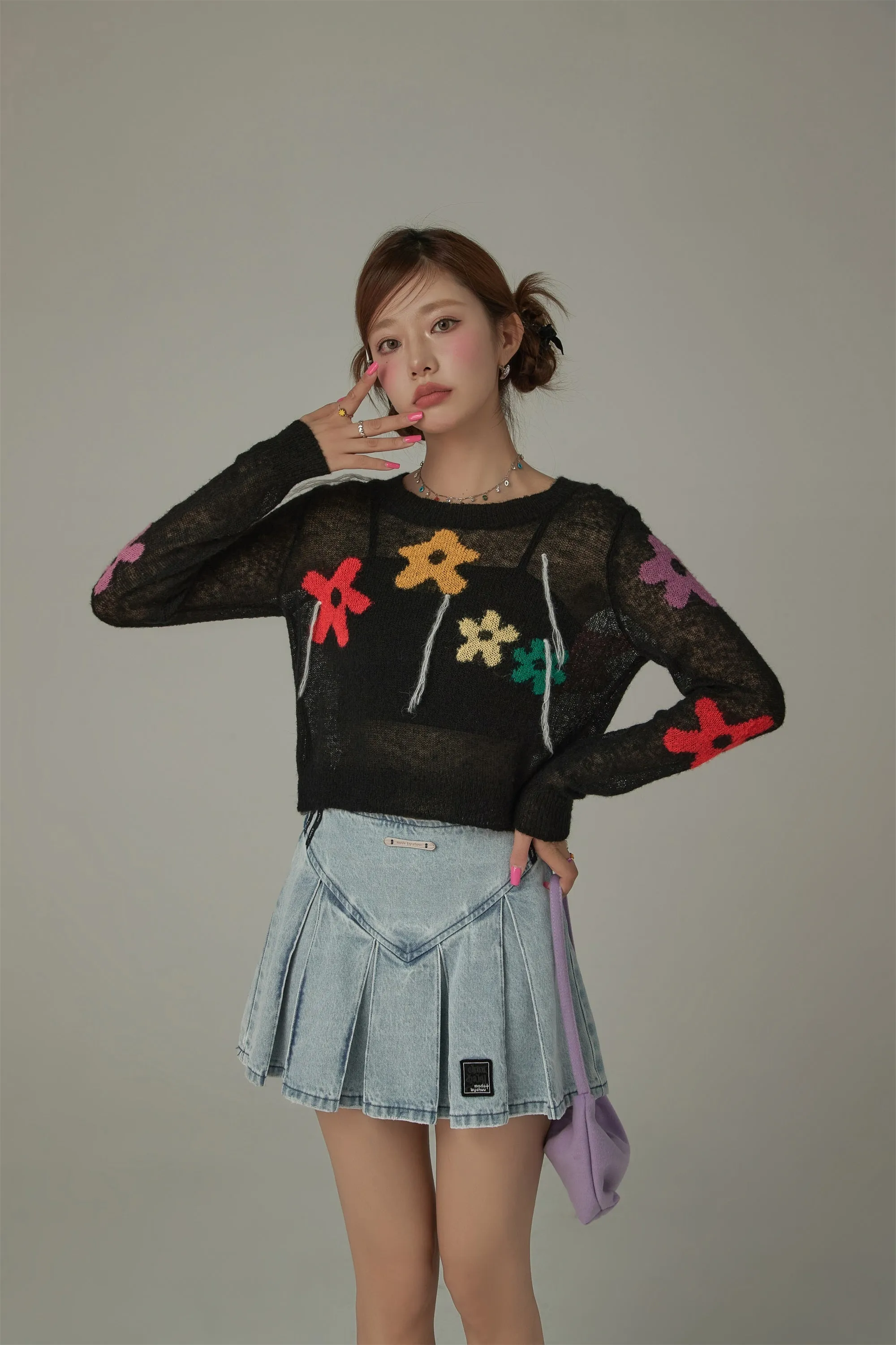 Colorful Flowers Crop Knit Sweater