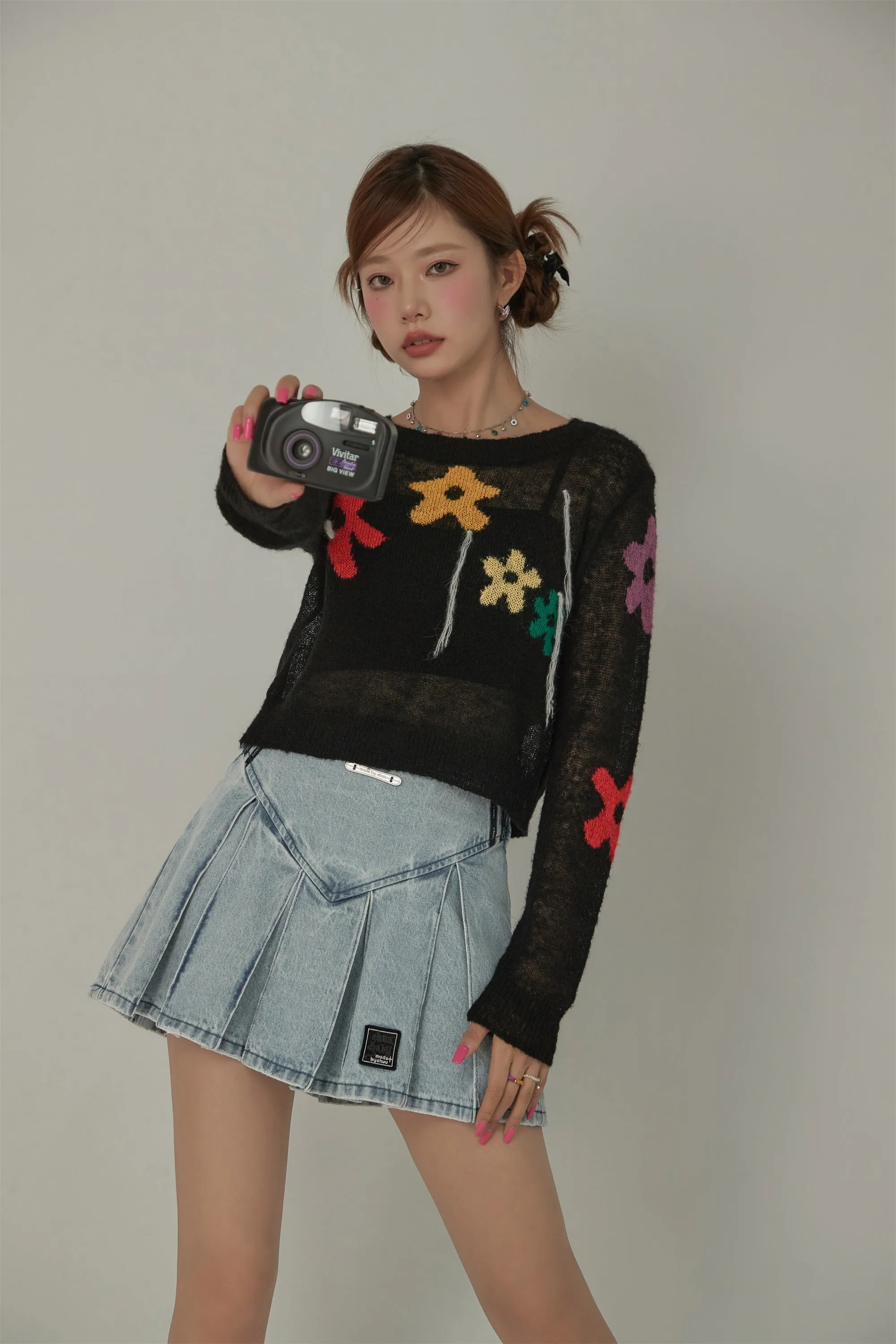 Colorful Flowers Crop Knit Sweater