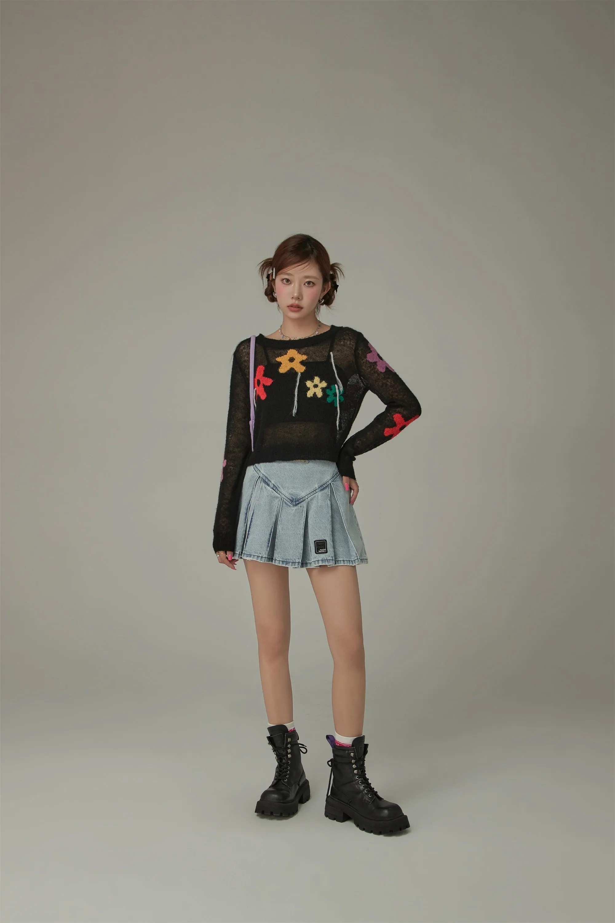 Colorful Flowers Crop Knit Sweater