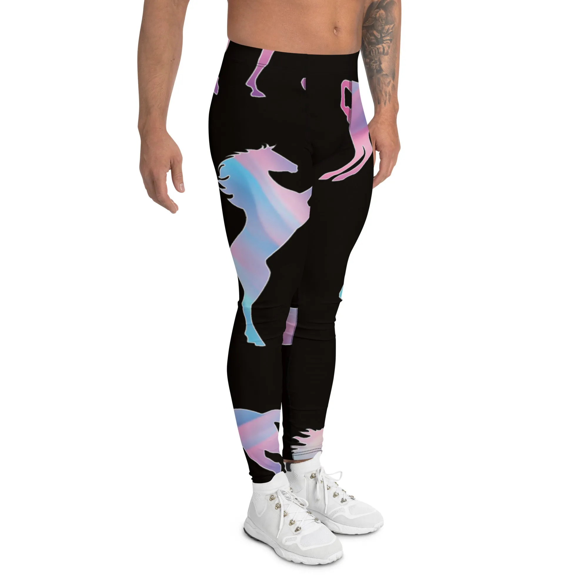 Colorful Horse Print Men's Leggings, Mystical Horse Pattern Designer Premium Men's Rave Tights-Made in USA/EU/MX