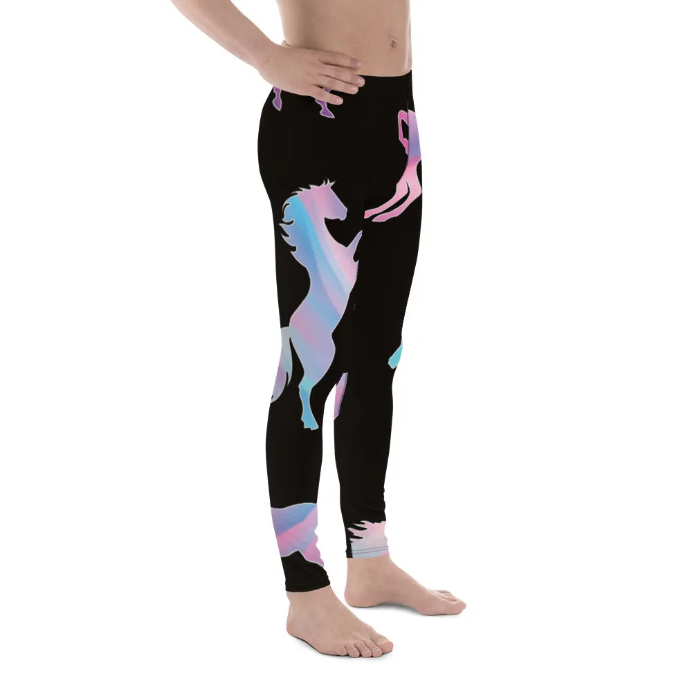 Colorful Horse Print Men's Leggings, Mystical Horse Pattern Designer Premium Men's Rave Tights-Made in USA/EU/MX