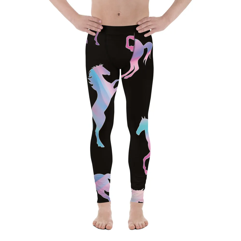 Colorful Horse Print Men's Leggings, Mystical Horse Pattern Designer Premium Men's Rave Tights-Made in USA/EU/MX