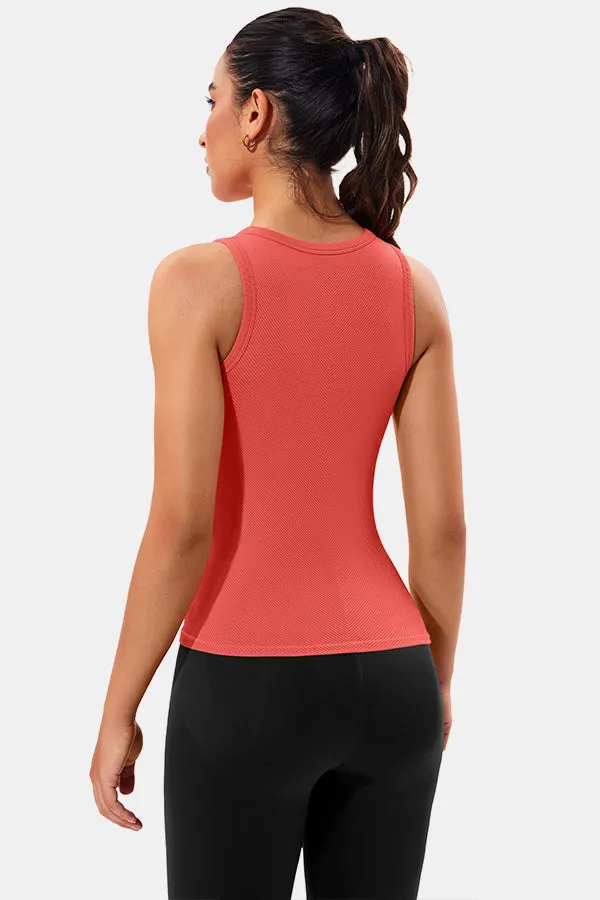 Coral High Neck Full Back Seamless Tight Fit Ribbed Tank Top