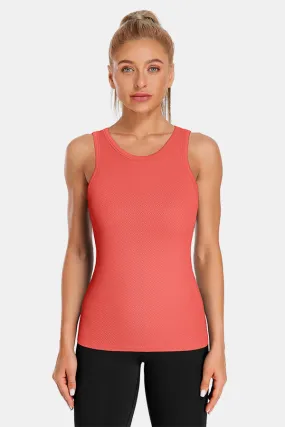 Coral High Neck Full Back Seamless Tight Fit Ribbed Tank Top