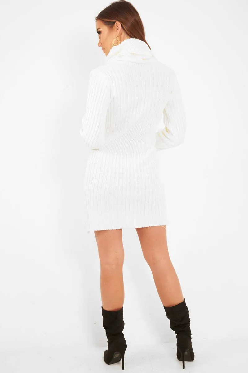 Cream Button Front Roll Neck Jumper Dress - Ericka