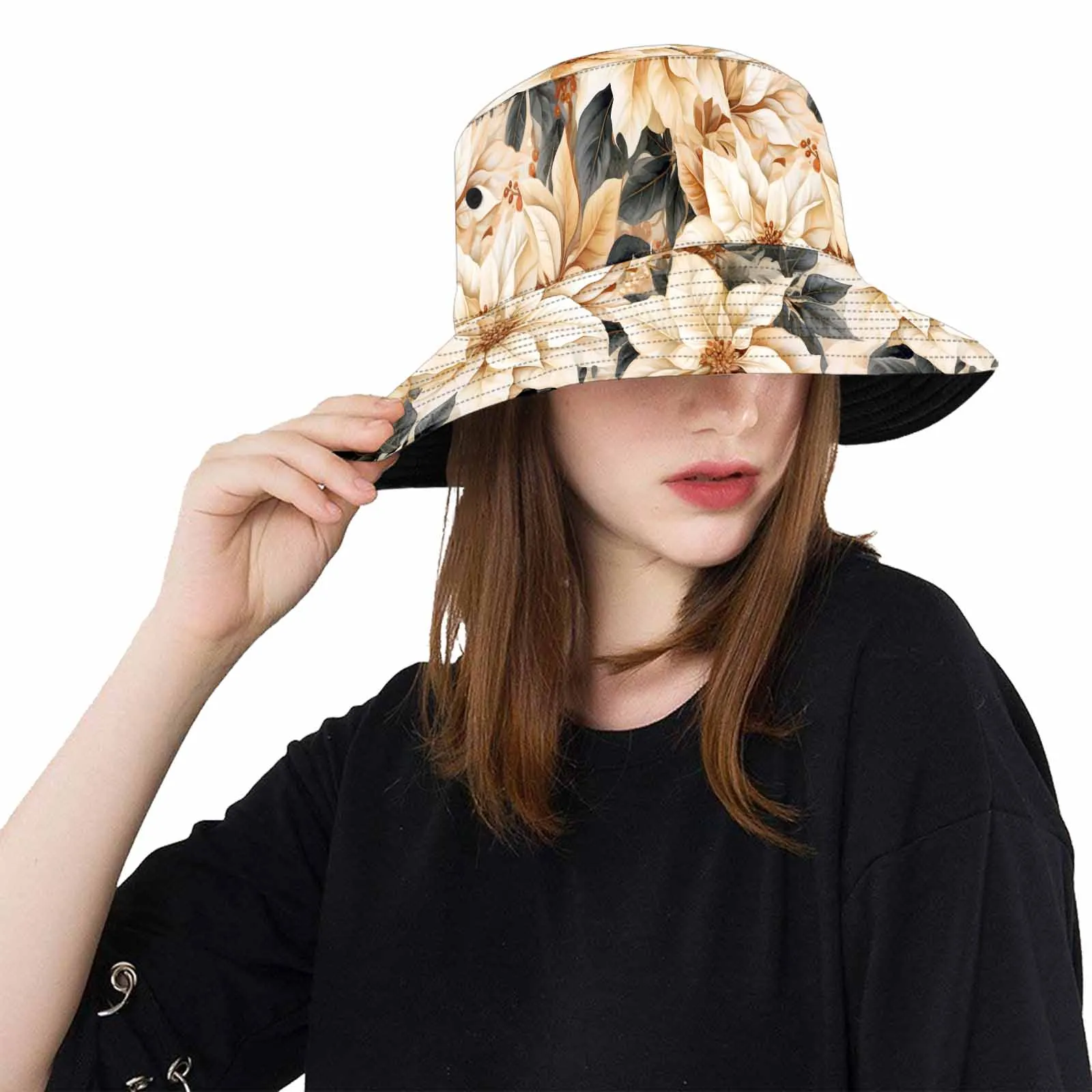 Cream Poinsettia2  Unisex Summer Single-Layer Bucket Hat