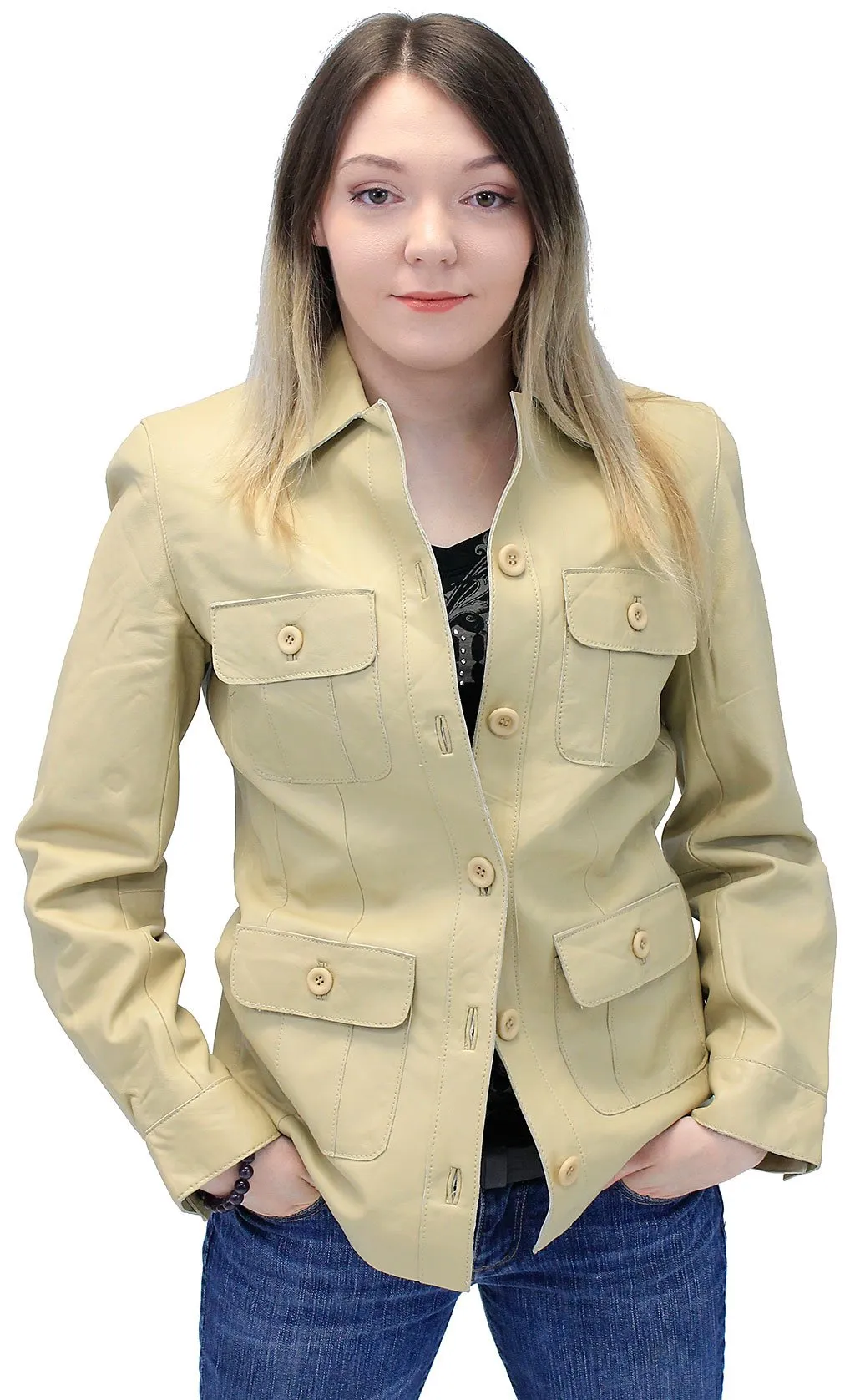 Cream White Lightweight Button-Up Lambskin 4 Pocket Coat #L718022T ()