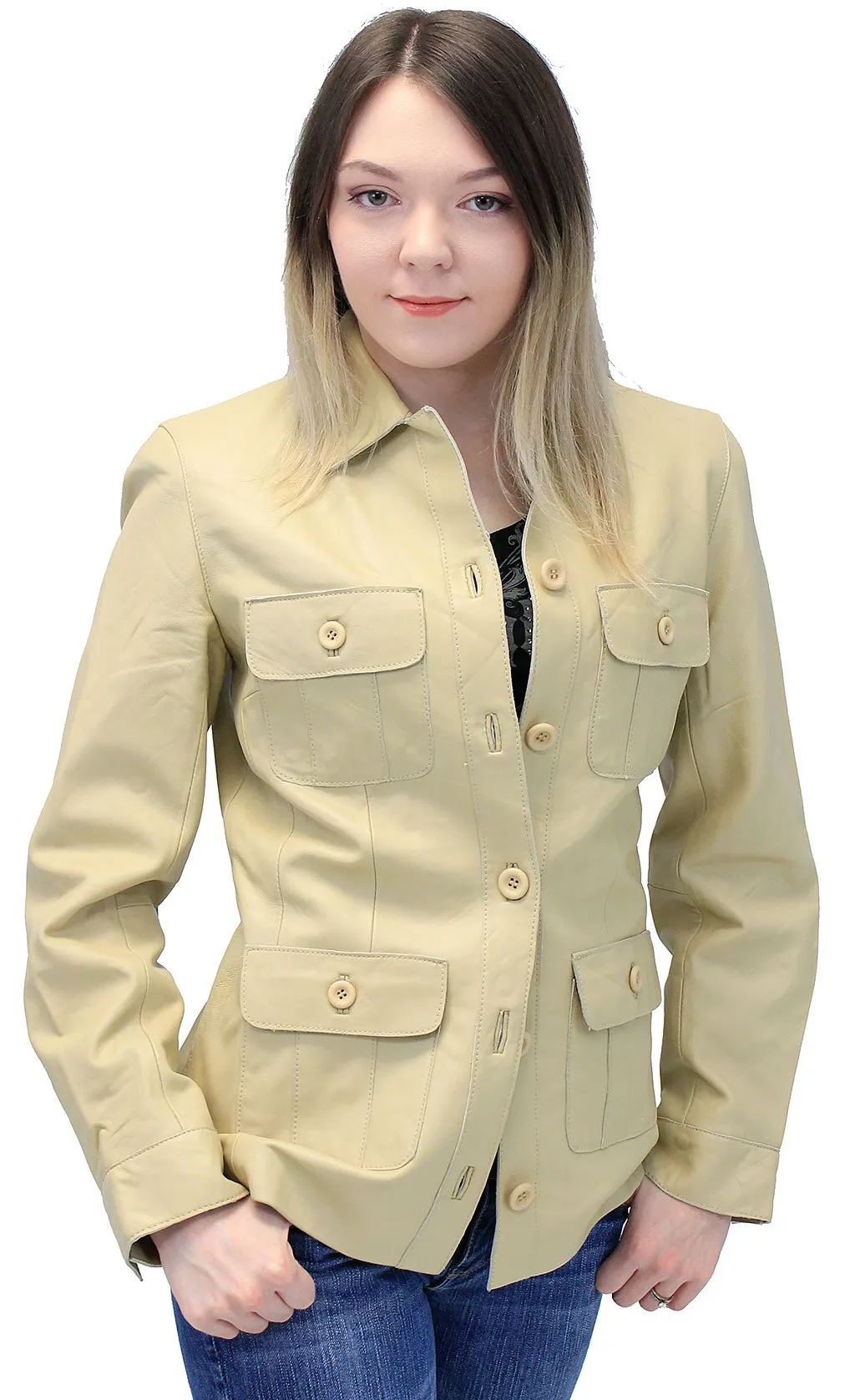 Cream White Lightweight Button-Up Lambskin 4 Pocket Coat #L718022T ()