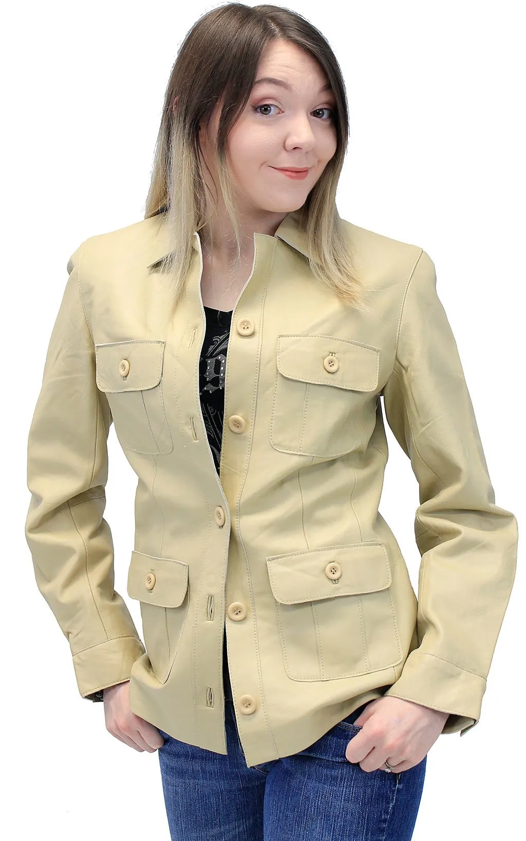 Cream White Lightweight Button-Up Lambskin 4 Pocket Coat #L718022T ()