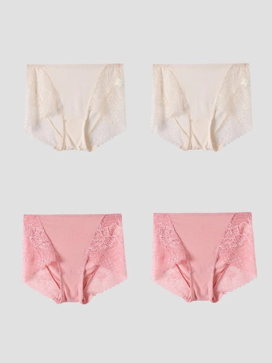 Culotte Tricotée en Soie de Mûrier en Dentelle Sexy 4Pcs (Soutien-Gorge NON Inclus)