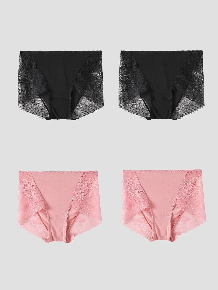 Culotte Tricotée en Soie de Mûrier en Dentelle Sexy 4Pcs (Soutien-Gorge NON Inclus)