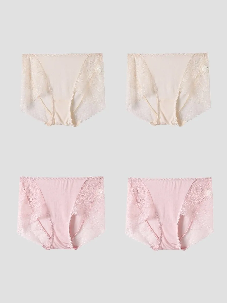 Culotte Tricotée en Soie de Mûrier en Dentelle Sexy 4Pcs (Soutien-Gorge NON Inclus)