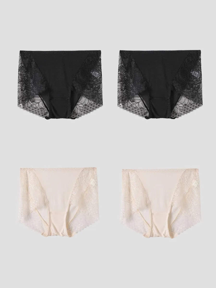 Culotte Tricotée en Soie de Mûrier en Dentelle Sexy 4Pcs (Soutien-Gorge NON Inclus)