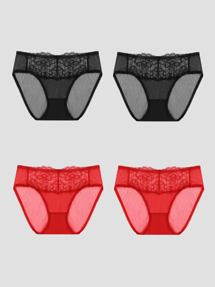 Culotte Tricotée en Soie de Mûrier à Taille Basse en Dentelle 4Pcs (Soutien-Gorge NON Inclus)