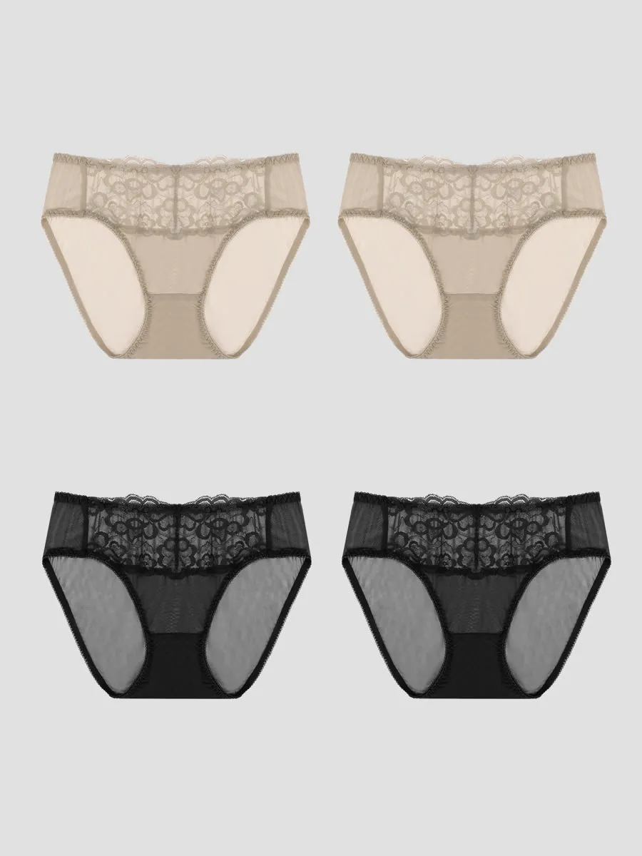 Culotte Tricotée en Soie de Mûrier à Taille Basse en Dentelle 4Pcs (Soutien-Gorge NON Inclus)