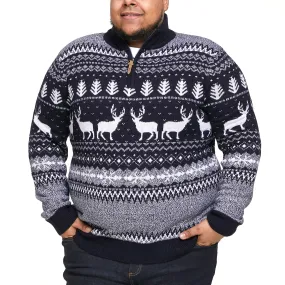 D555 Mens Prancer Big Tall Half Zip Stag Xmas Sweater - Navy