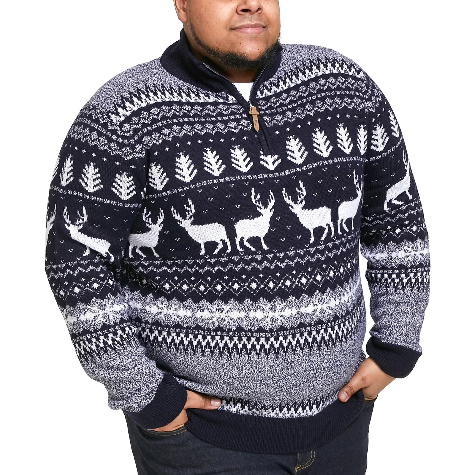 D555 Mens Prancer Big Tall Half Zip Stag Xmas Sweater - Navy