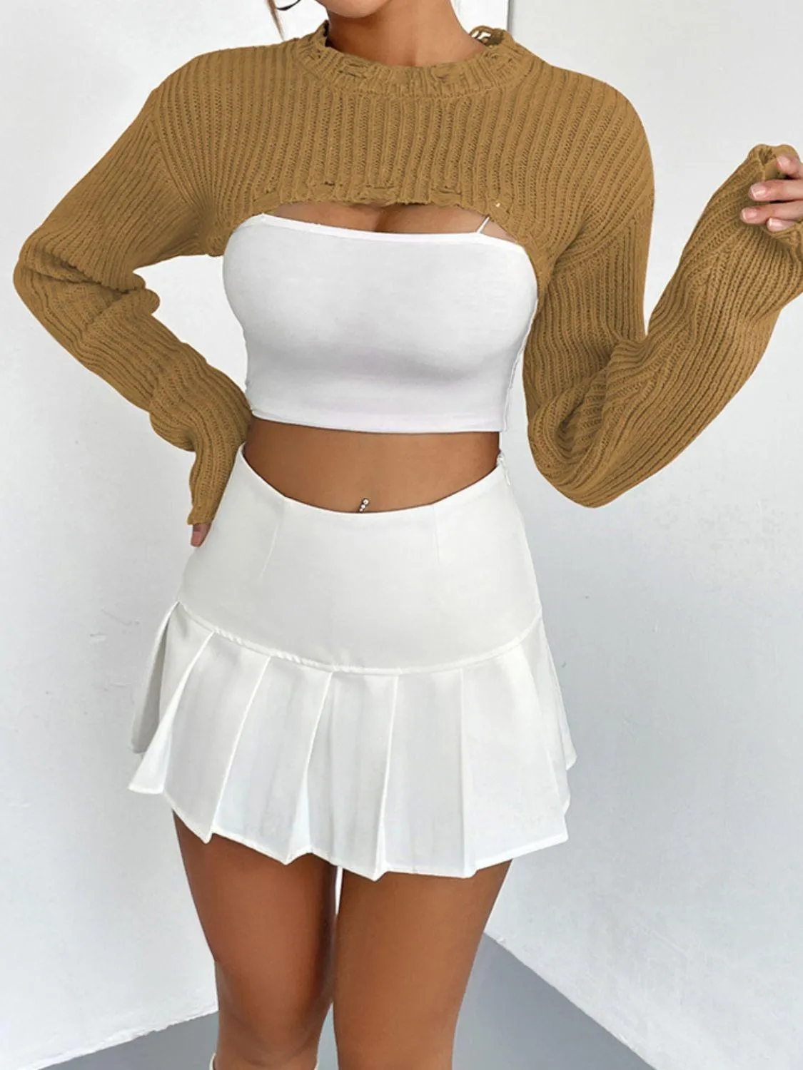 Distressed Long Sleeve Cropped Sweater