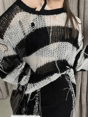 Distressed Striped Graceful Crop Sweater