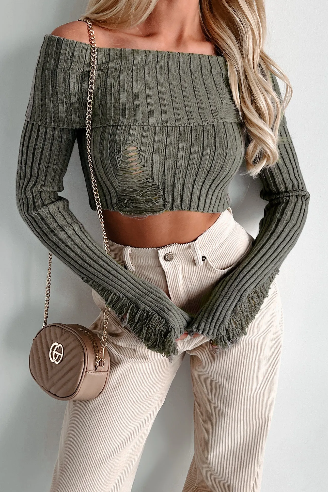 Edgy Instinct Off The Shoulder Distressed Crop Sweater (Olive)