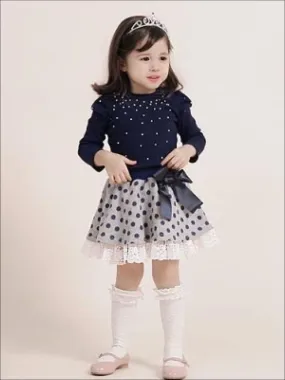 Girls Preppy Blue Embellished Sweater Top And Polka Dot Lace Trimmed Skirt Set