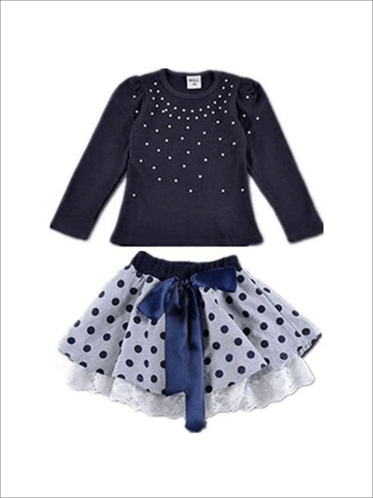 Girls Preppy Blue Embellished Sweater Top And Polka Dot Lace Trimmed Skirt Set