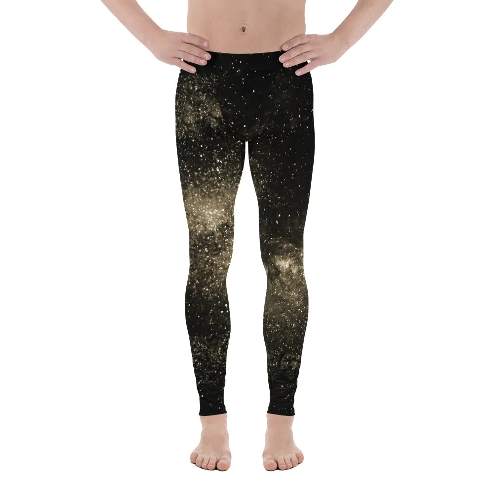 Golden Galaxy Men's Leggings, Pale Yellow Constellation Running Tights For Men-Made in USA/EU